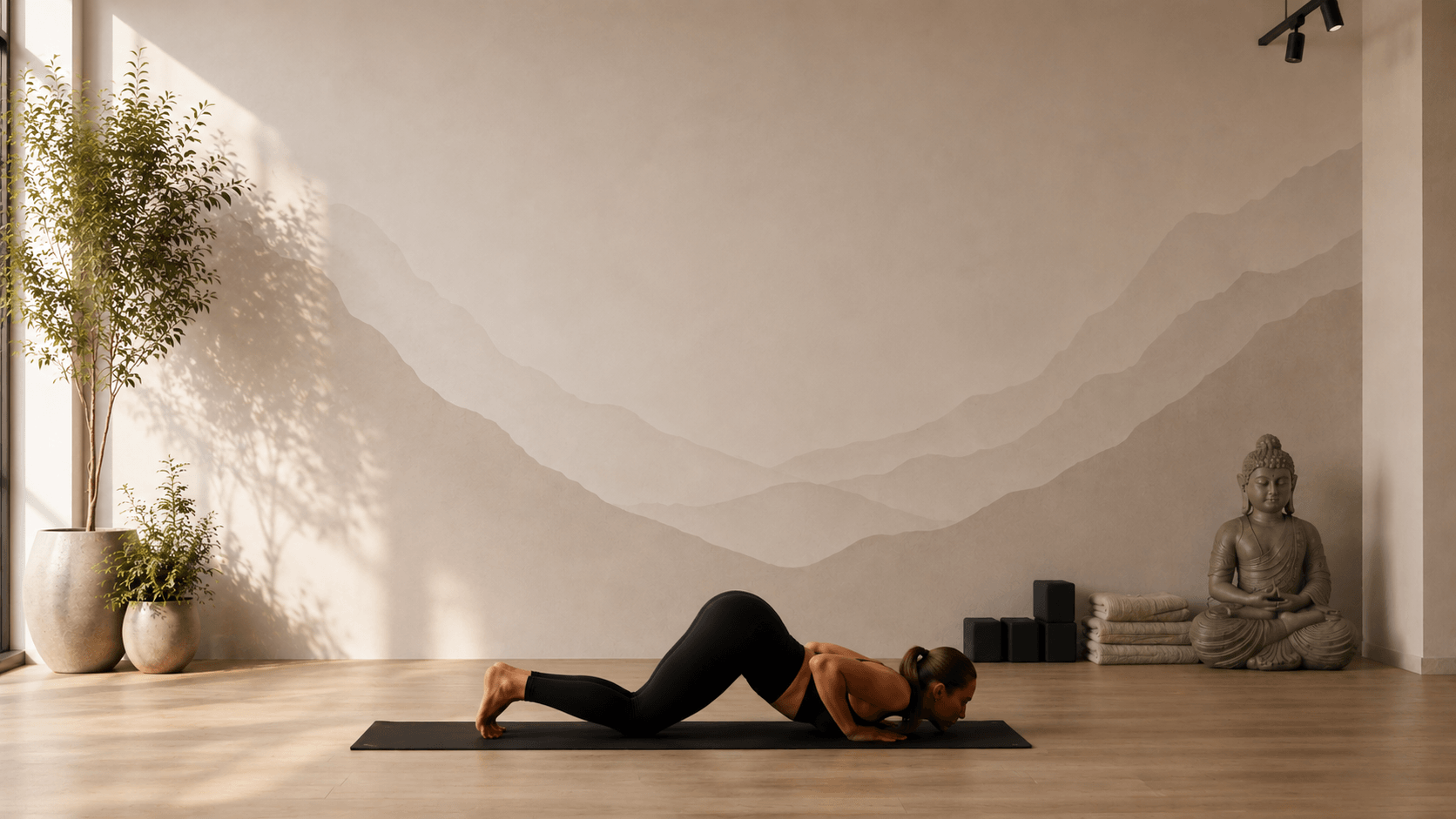 Estudio de yoga con luz cálida y mats preparados